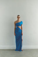 One-shoulder Turquoise Maxi Dress with Cut-Out Detail
