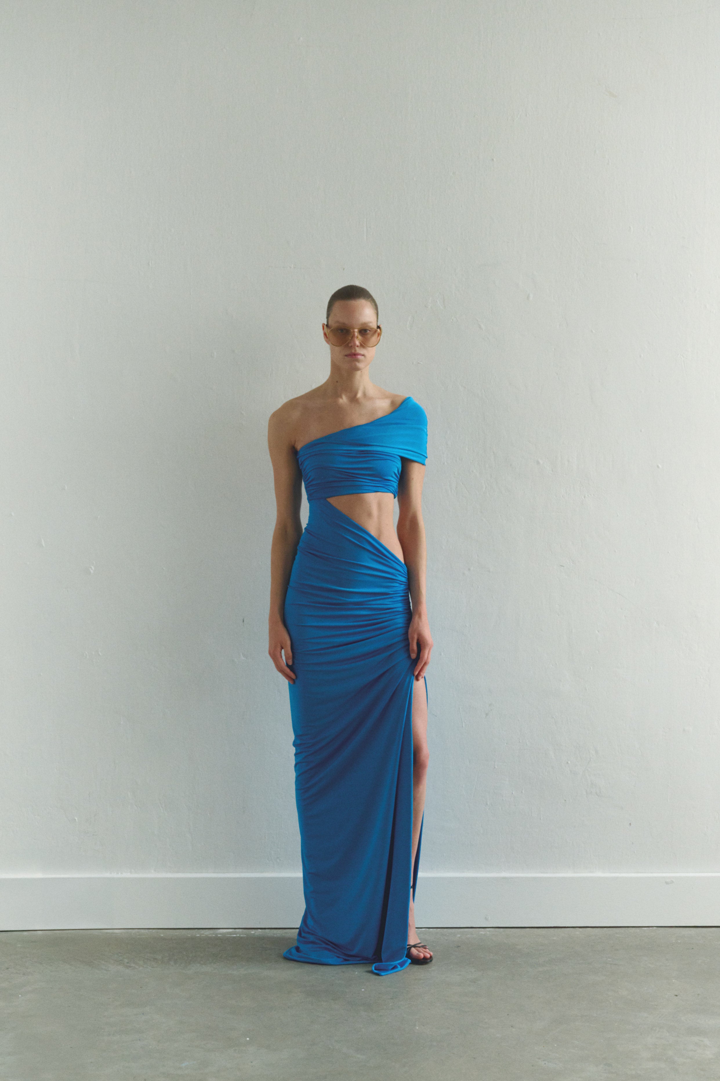 One-shoulder Turquoise Maxi Dress with Cut-Out Detail