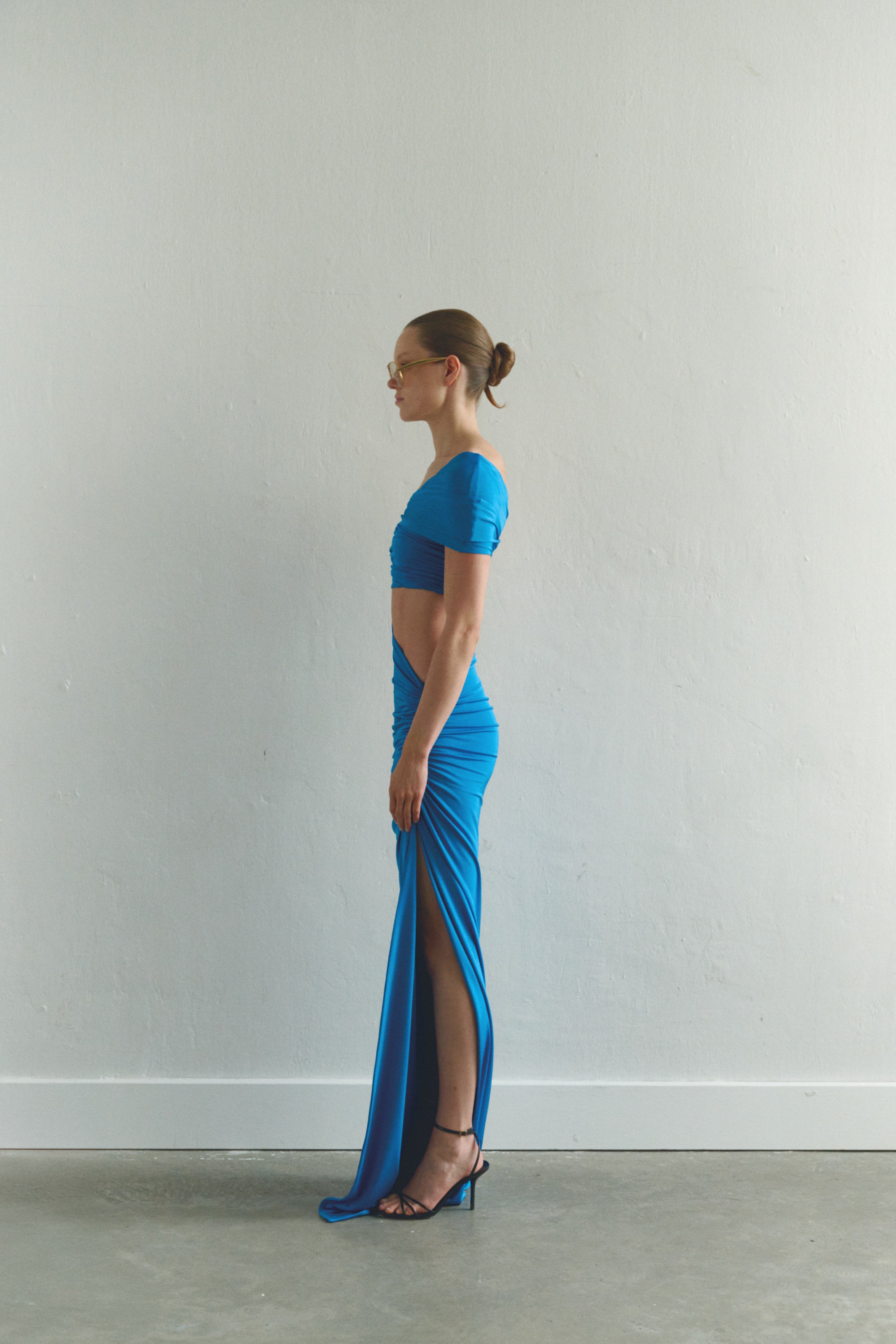 One-shoulder Turquoise Maxi Dress with Cut-Out Detail