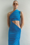 One-shoulder Turquoise Maxi Dress with Cut-Out Detail