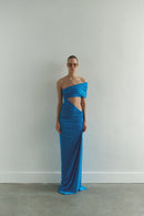One-shoulder Turquoise Maxi Dress with Cut-Out Detail