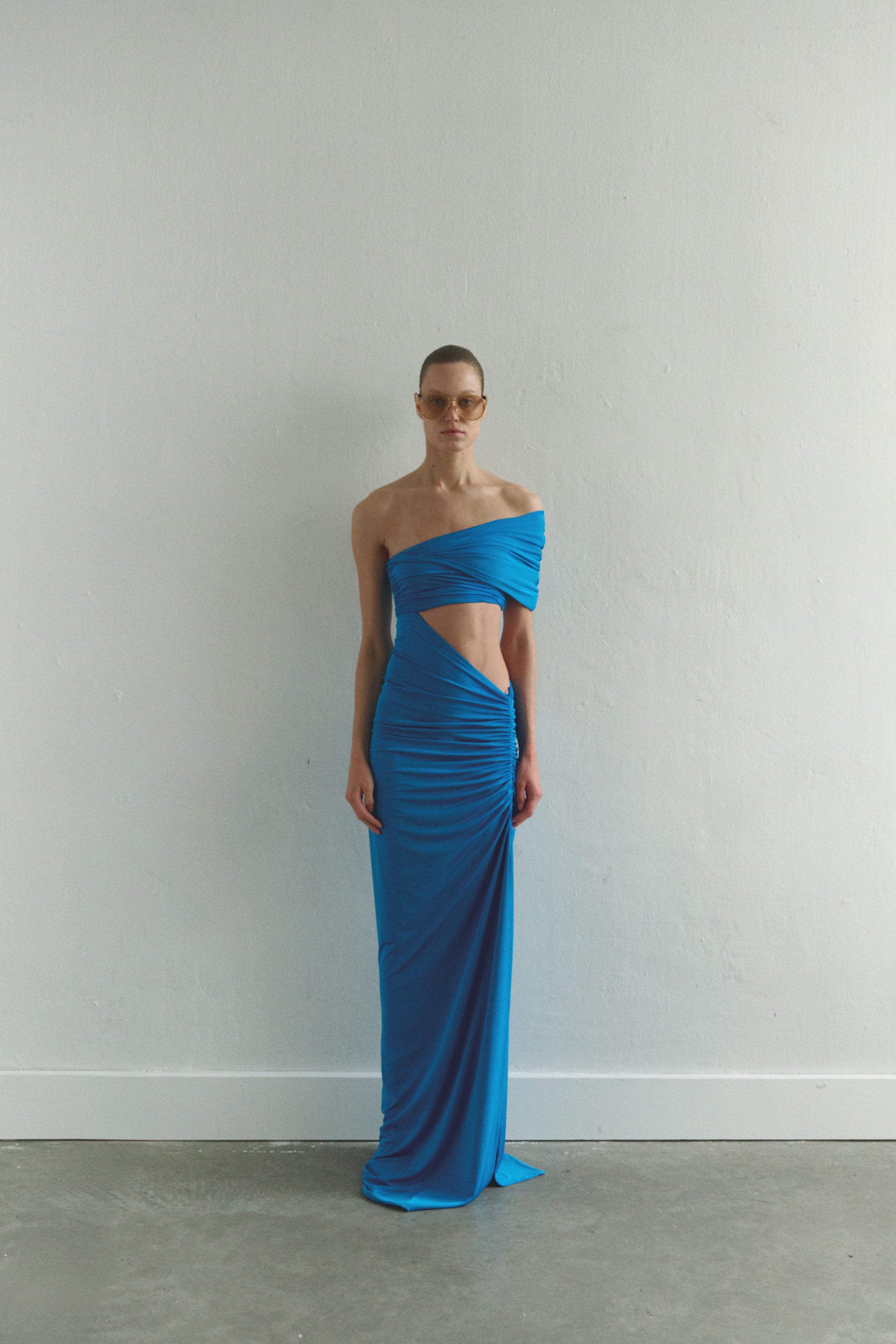One-shoulder Turquoise Maxi Dress with Cut-Out Detail