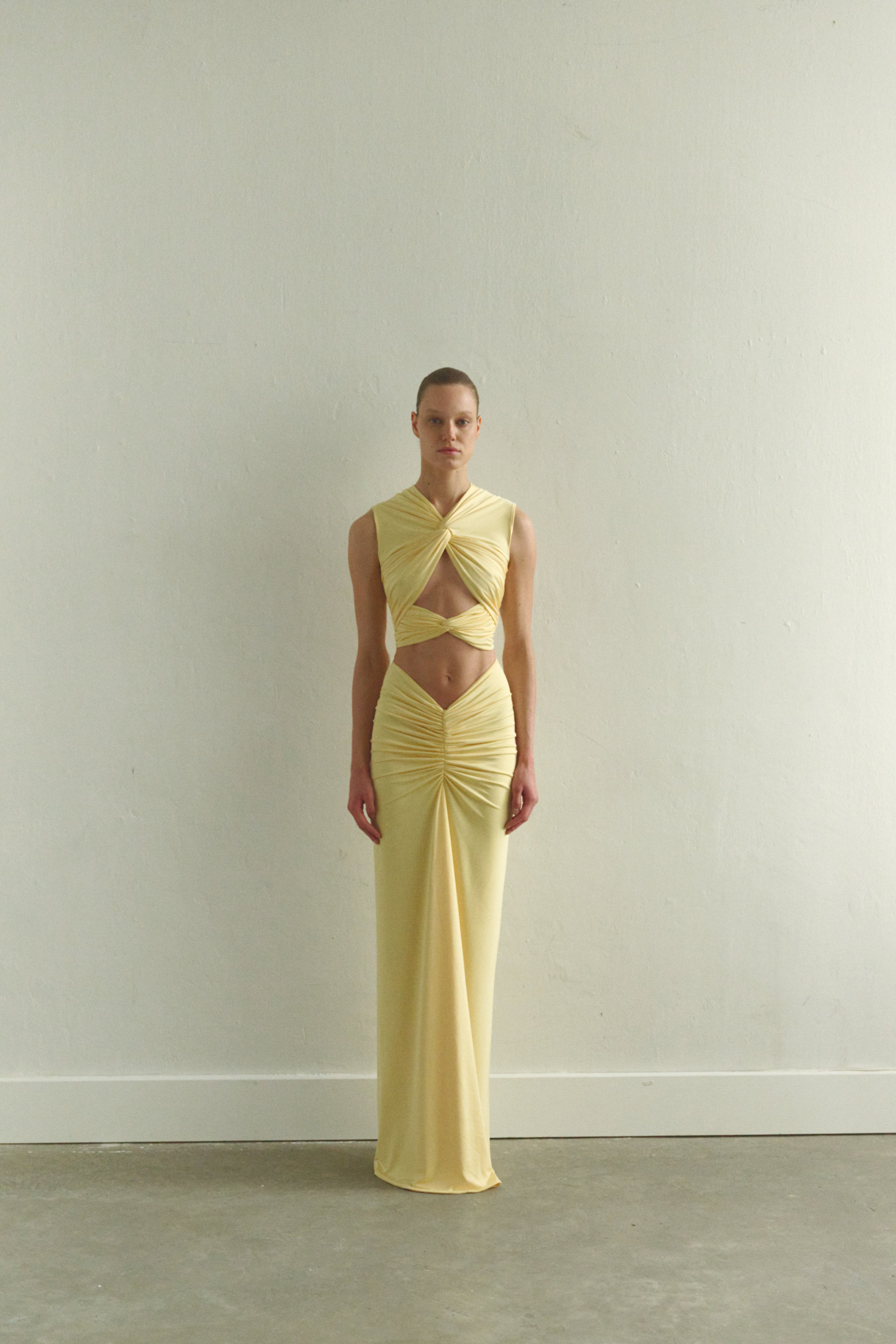 Butter Yellow Maxi Dress with Front Knot and Cut-Out Details