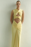 Butter Yellow Maxi Dress with Front Knot and Cut-Out Details