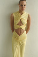 Butter Yellow Maxi Dress with Front Knot and Cut-Out Details
