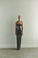 Silver Tie Neck Draped Dress with Front Slit