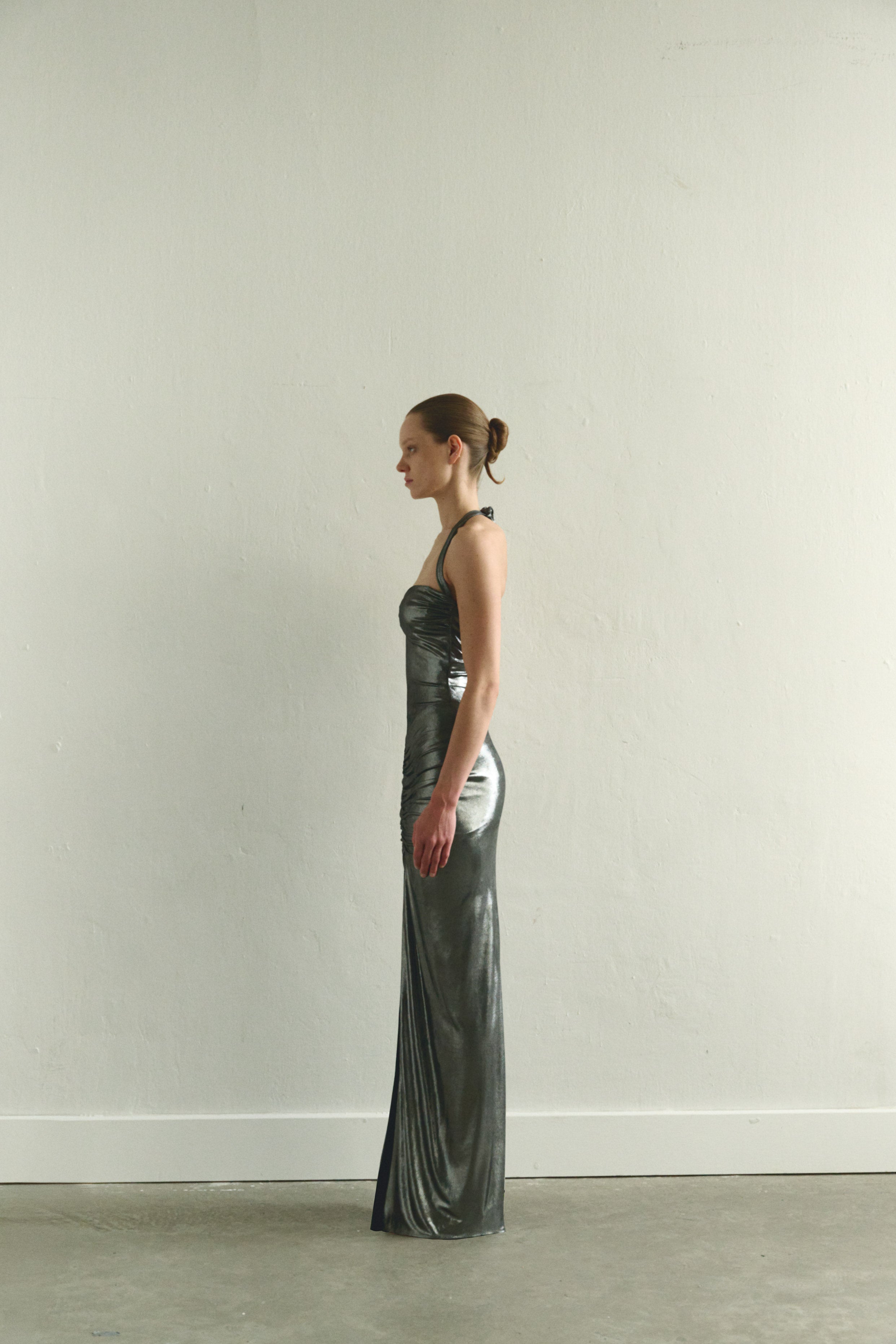 Silver Tie Neck Draped Dress with Front Slit