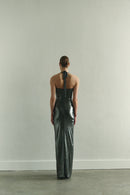 Silver Tie Neck Draped Dress with Front Slit