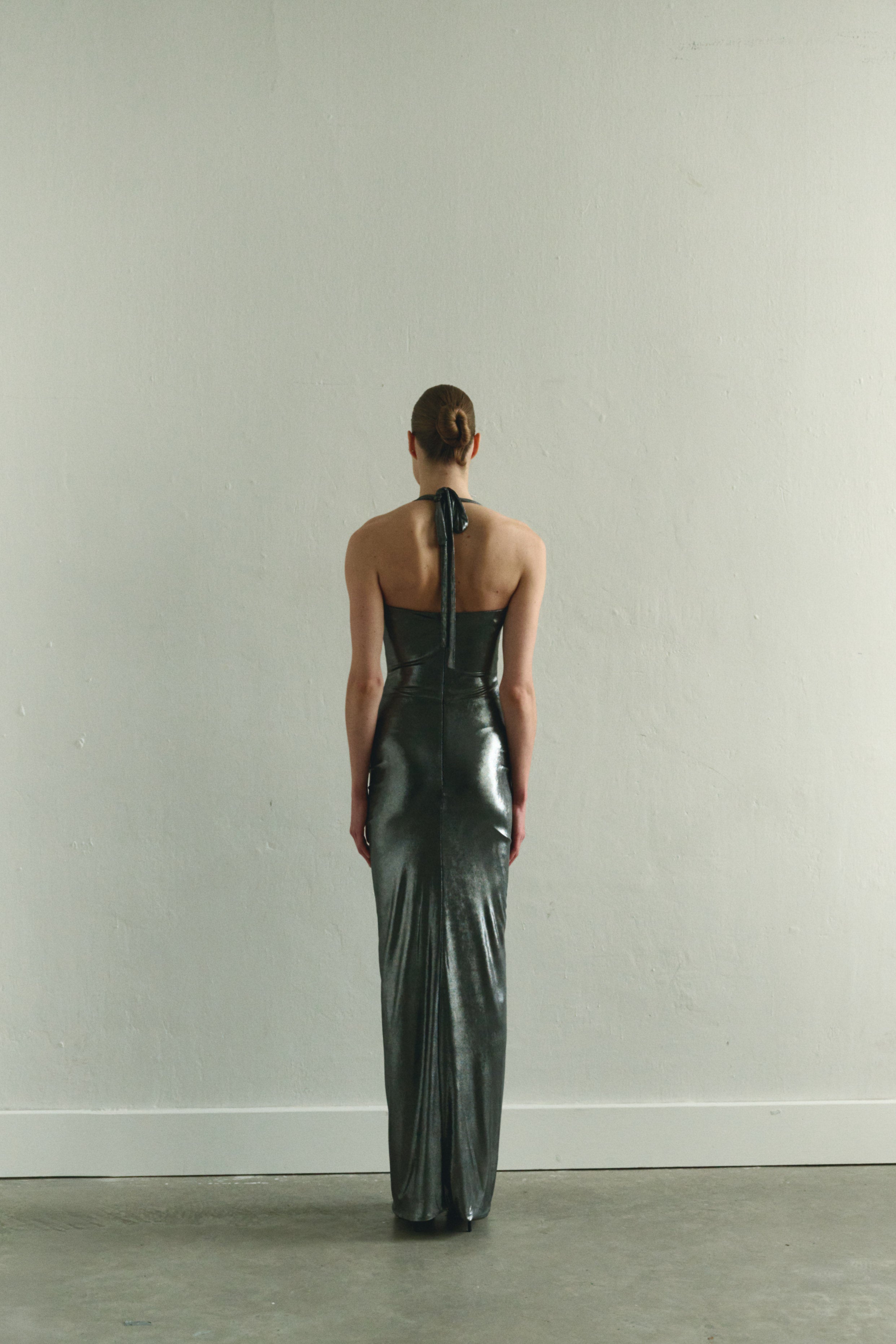 Silver Tie Neck Draped Dress with Front Slit