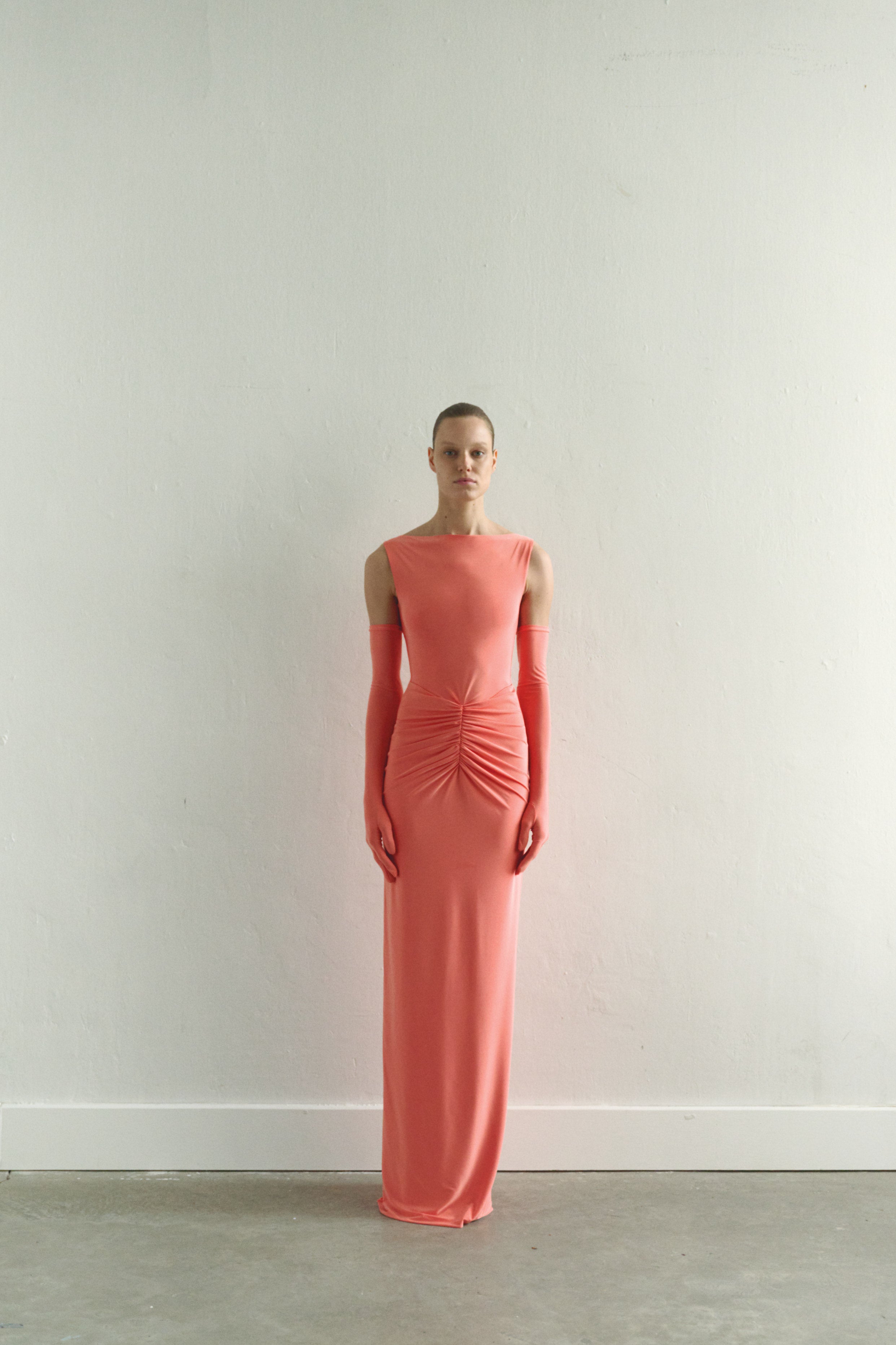 Coral Draped Maxi Dress with Gloves
