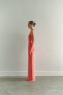 Coral Draped Maxi Dress with Gloves