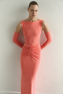 Coral Draped Maxi Dress with Gloves