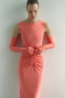 Coral Draped Maxi Dress with Gloves