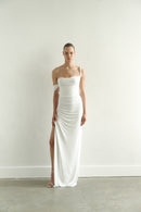 White Draped Maxi Dress Low Strap and  Side Slit
