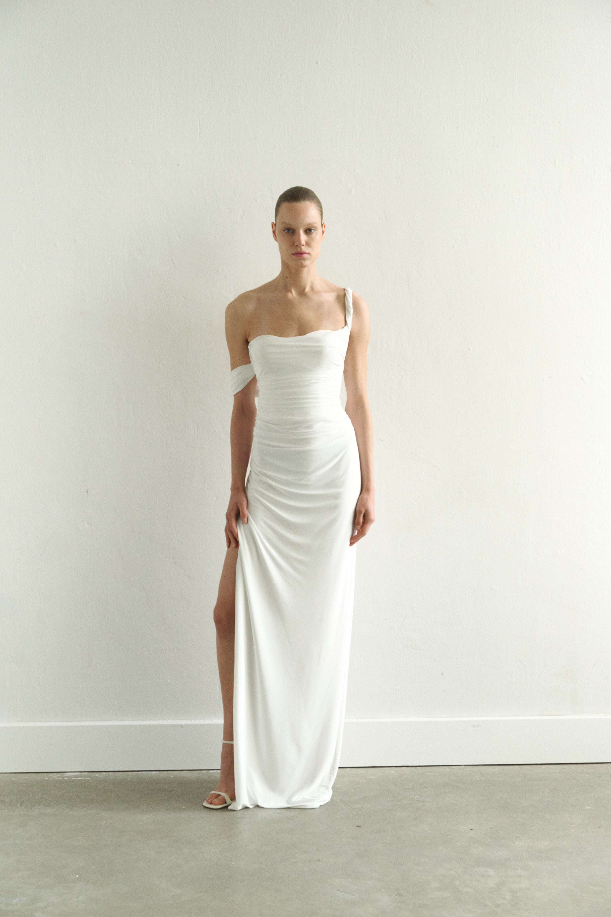 White Draped Maxi Dress Low Strap and  Side Slit