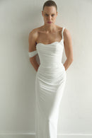 White Draped Maxi Dress Low Strap and  Side Slit