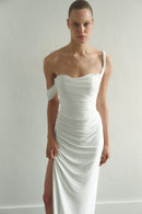 White Draped Maxi Dress Low Strap and  Side Slit