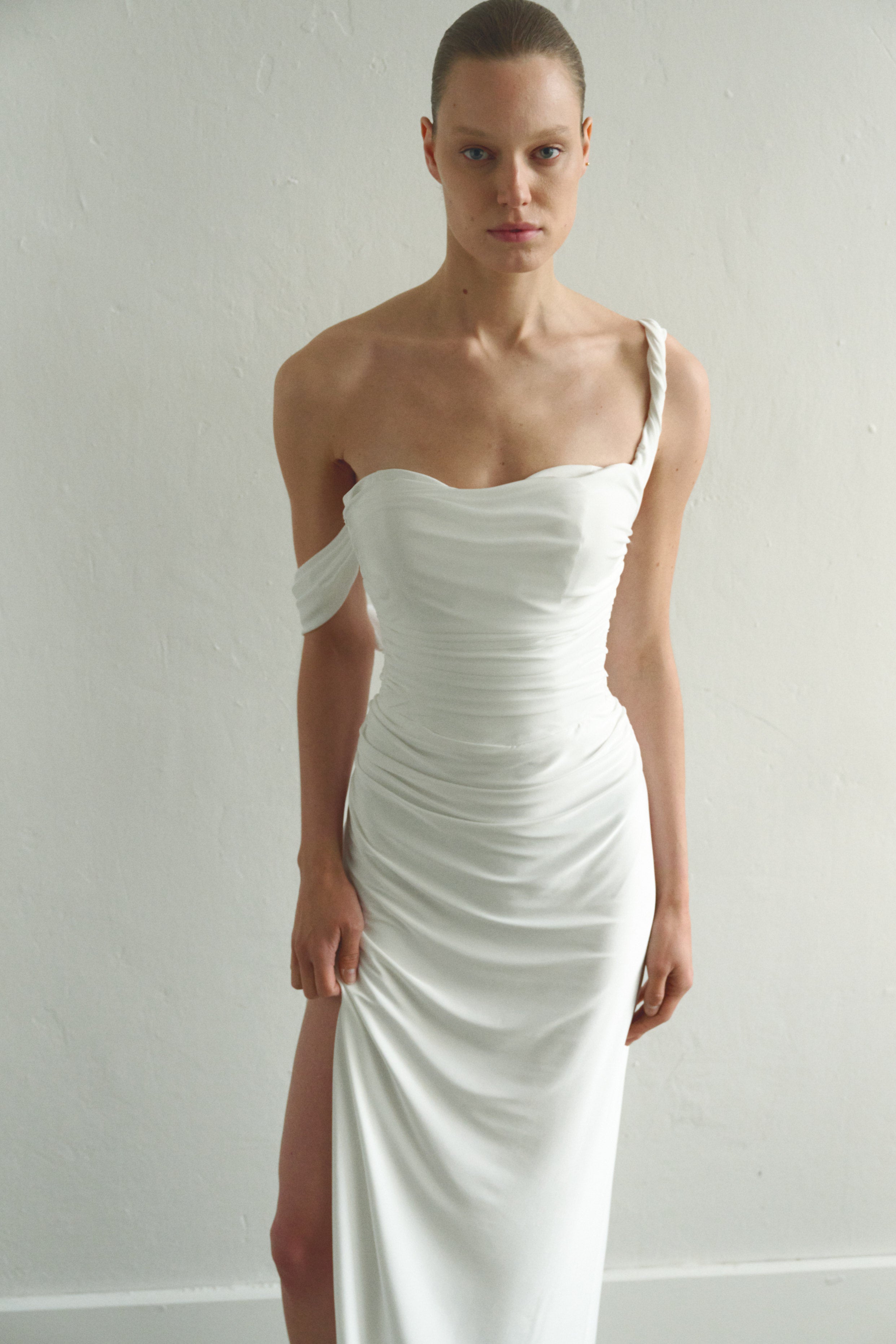 White Draped Maxi Dress Low Strap and  Side Slit