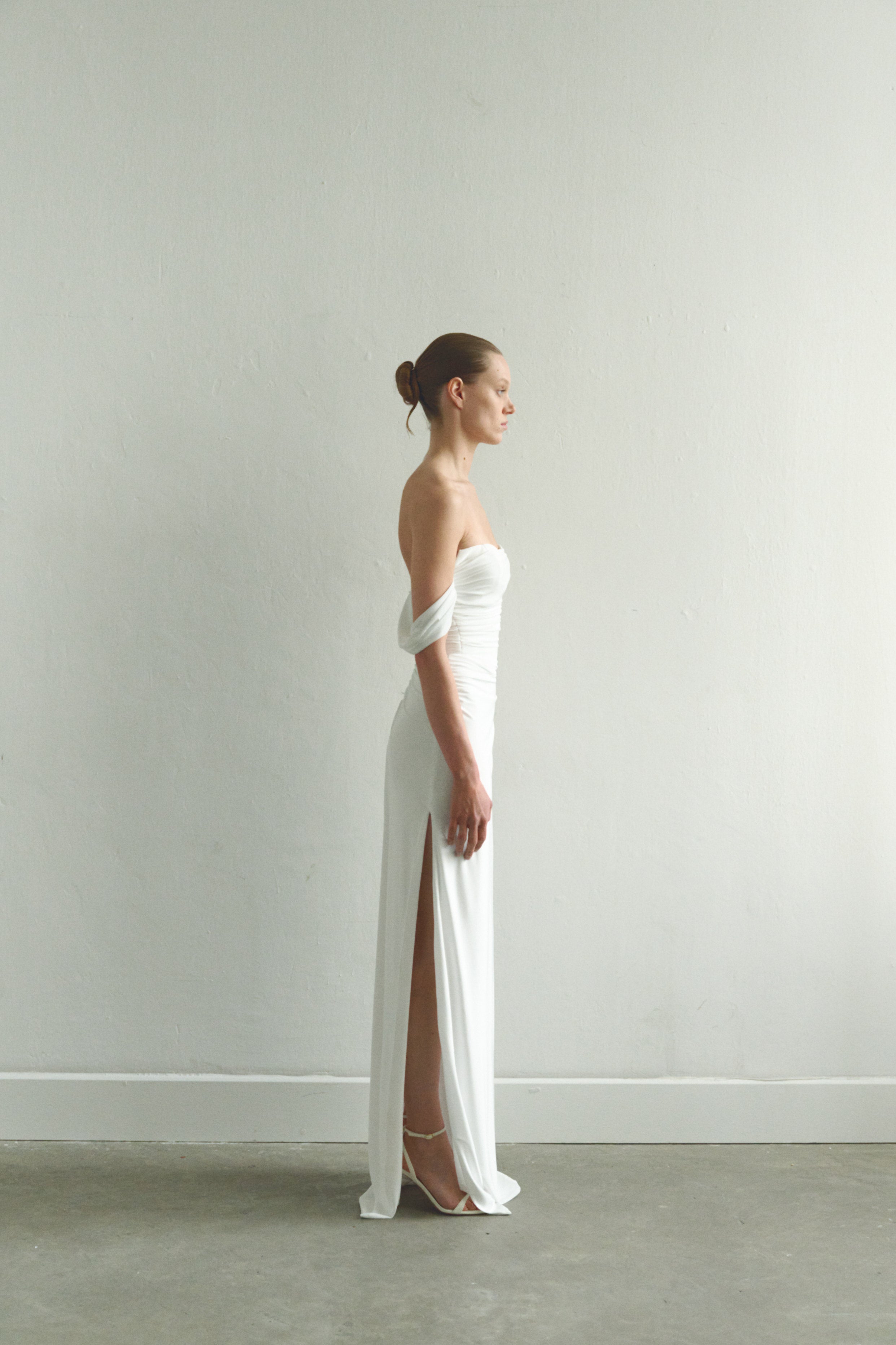 White Draped Maxi Dress Low Strap and  Side Slit