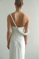 White Draped Maxi Dress Low Strap and  Side Slit