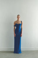Blue Draped Maxi Dress Low Strap and  Side Slit