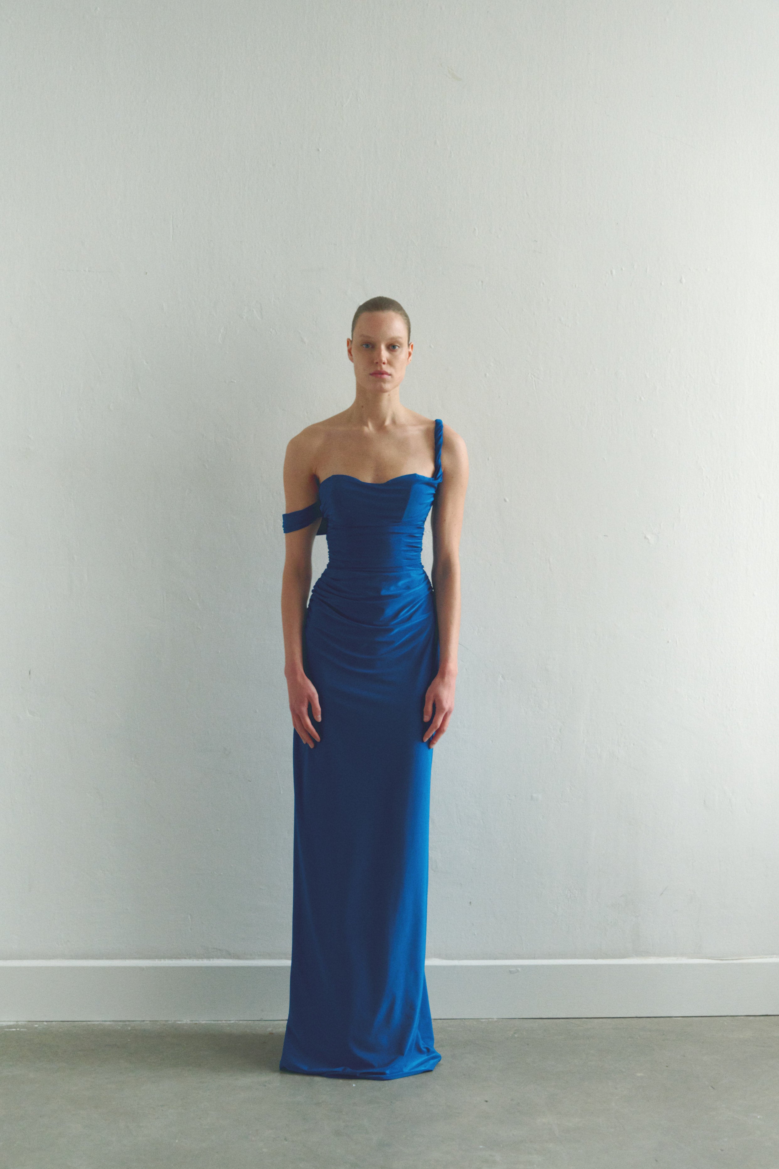Blue Draped Maxi Dress Low Strap and  Side Slit