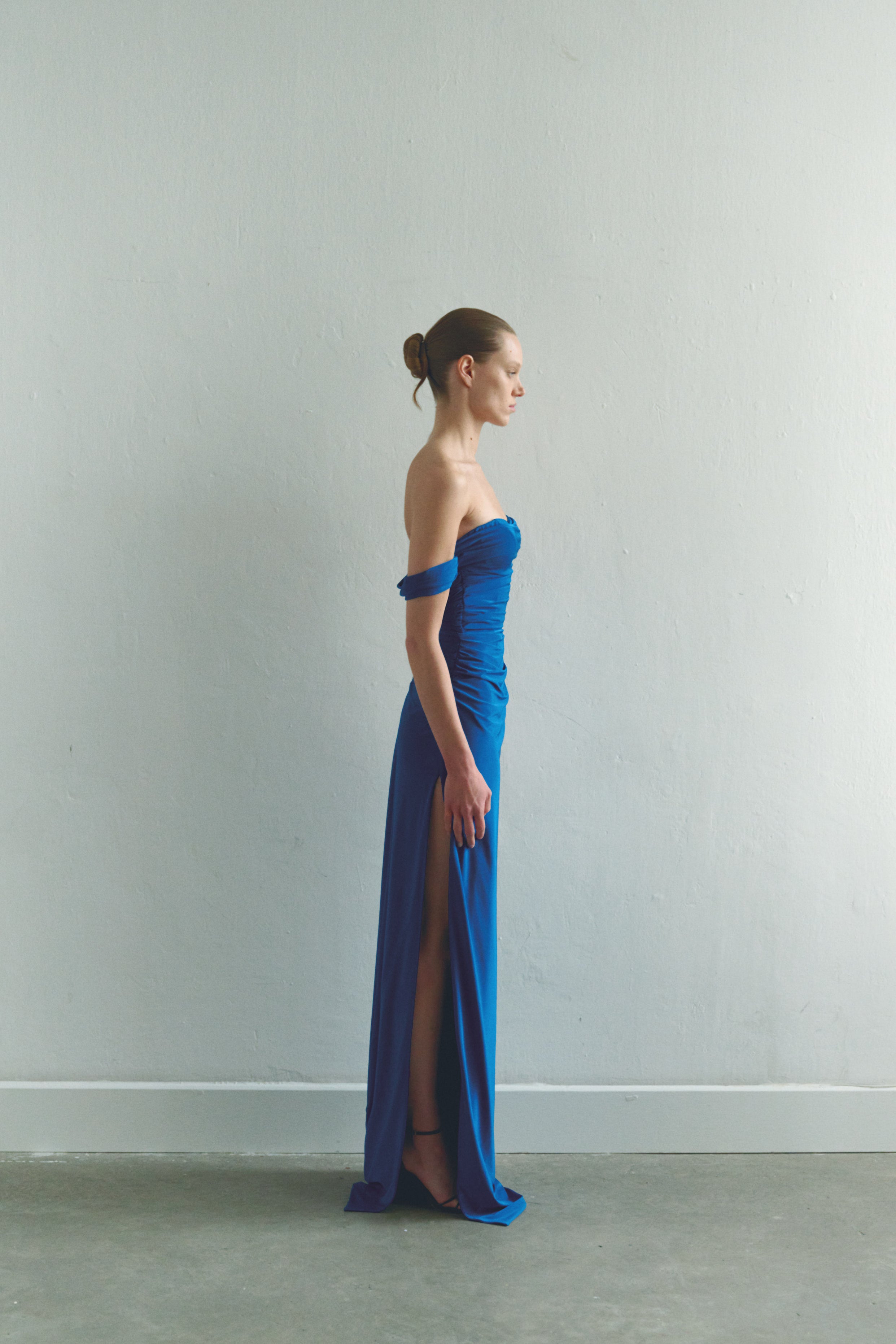 Blue Draped Maxi Dress Low Strap and  Side Slit