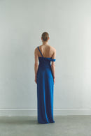 Blue Draped Maxi Dress Low Strap and  Side Slit