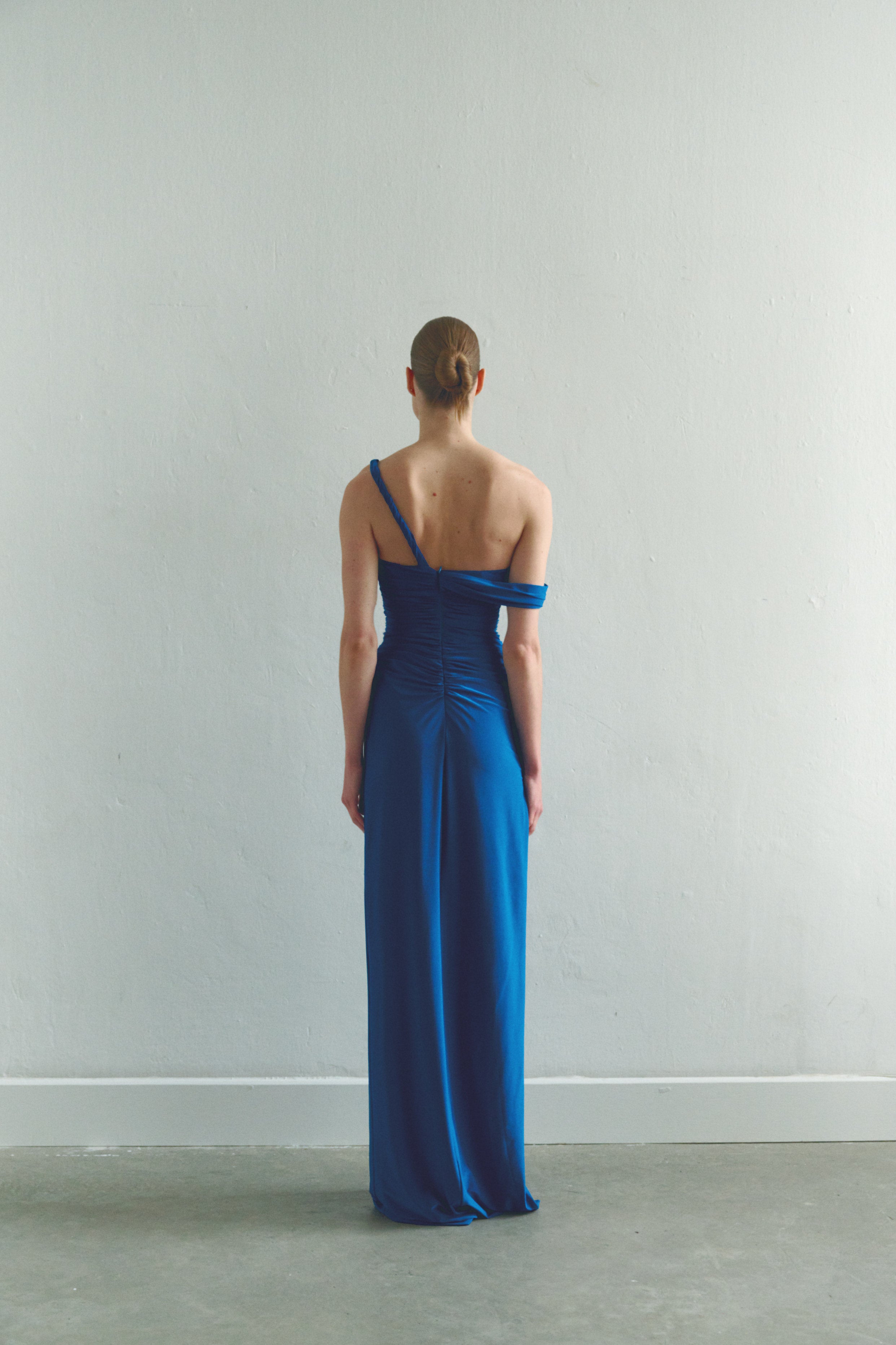 Blue Draped Maxi Dress Low Strap and  Side Slit