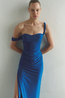 Blue Draped Maxi Dress Low Strap and  Side Slit