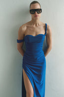 Blue Draped Maxi Dress Low Strap and  Side Slit