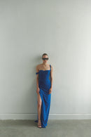 Blue Draped Maxi Dress Low Strap and  Side Slit