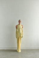 Butter Yellow Halter Neck Draped Dress With Gloves