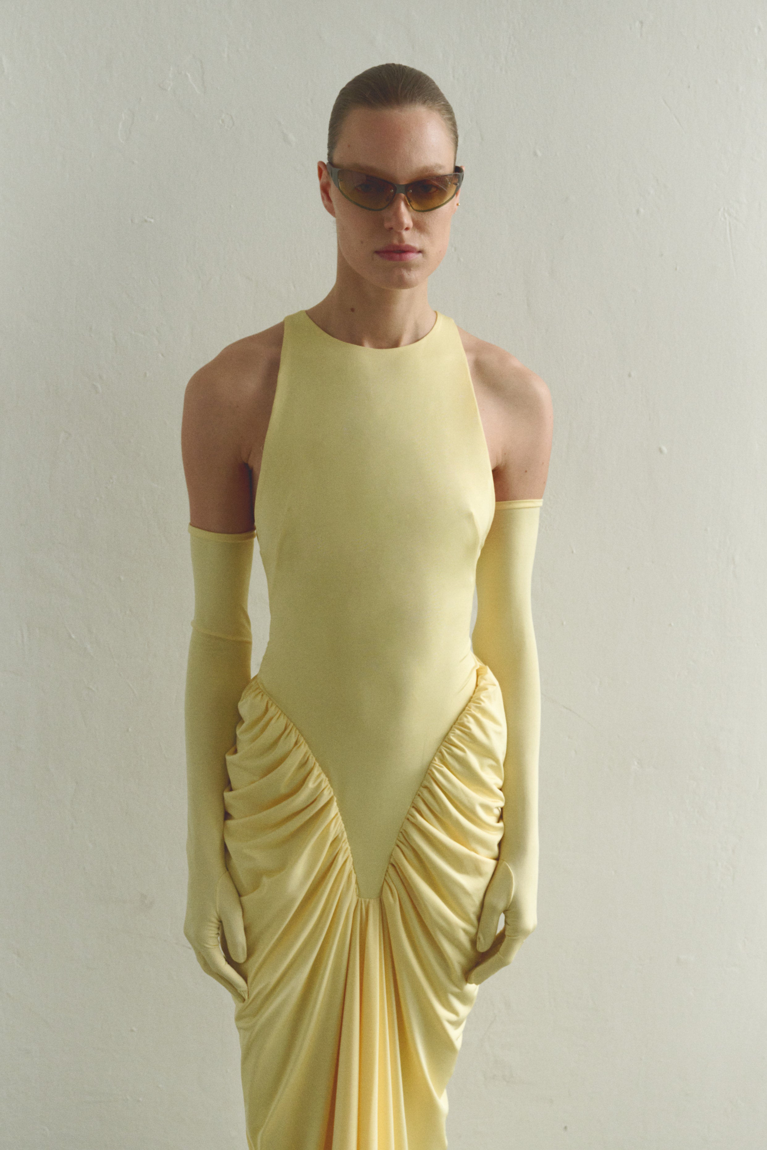 Butter Yellow Halter Neck Draped Dress With Gloves