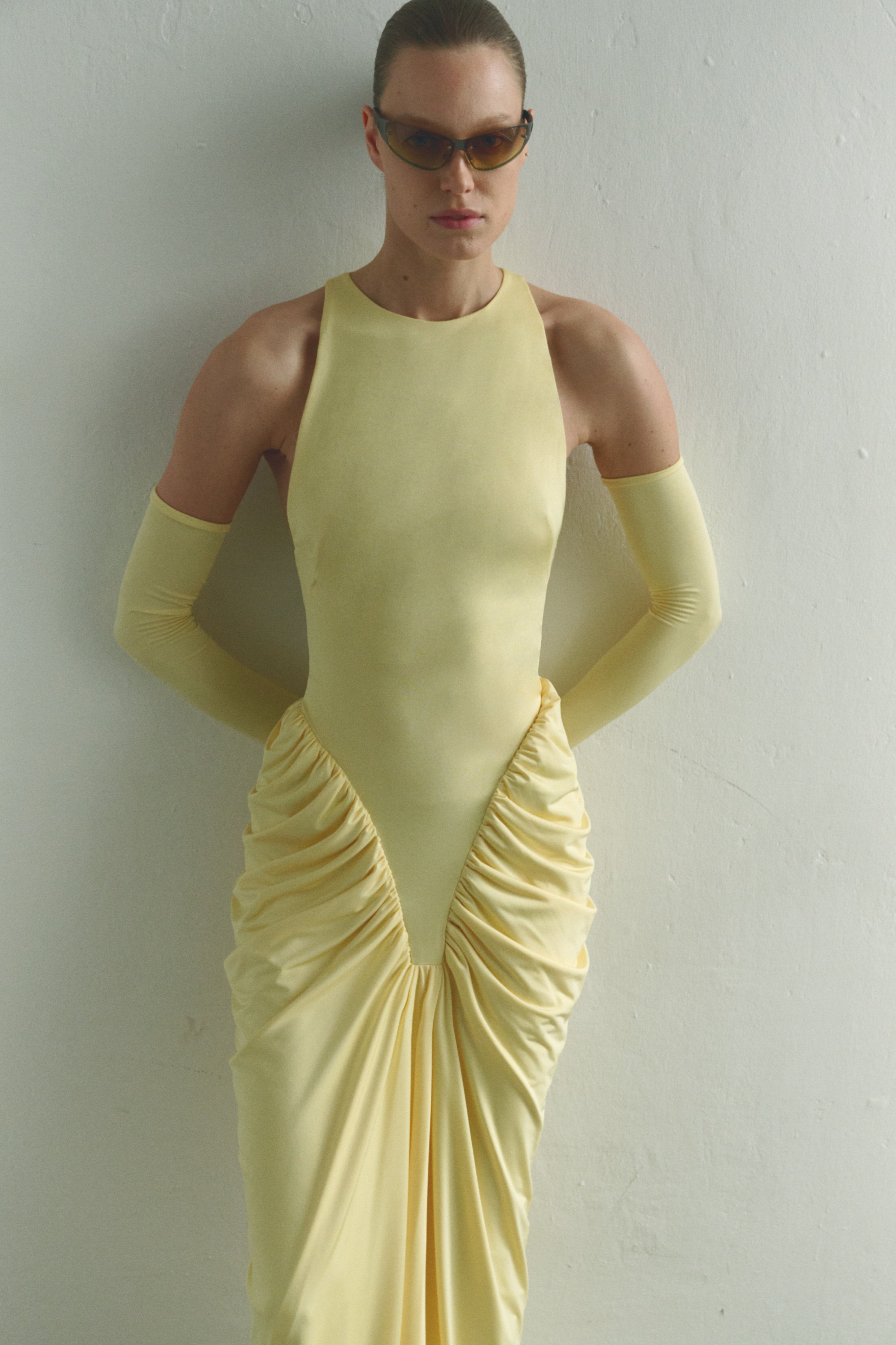 Butter Yellow Halter Neck Draped Dress With Gloves