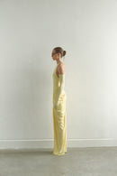 Butter Yellow Halter Neck Draped Dress With Gloves