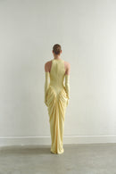 Butter Yellow Halter Neck Draped Dress With Gloves