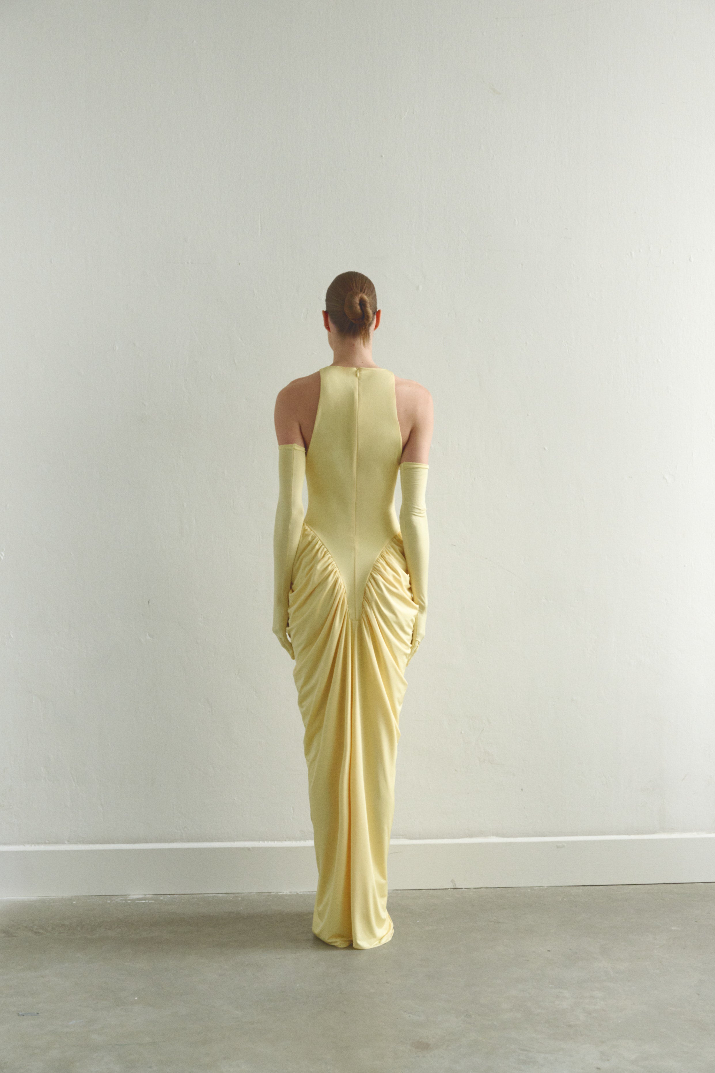 Butter Yellow Halter Neck Draped Dress With Gloves