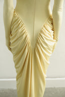 Butter Yellow Halter Neck Draped Dress With Gloves