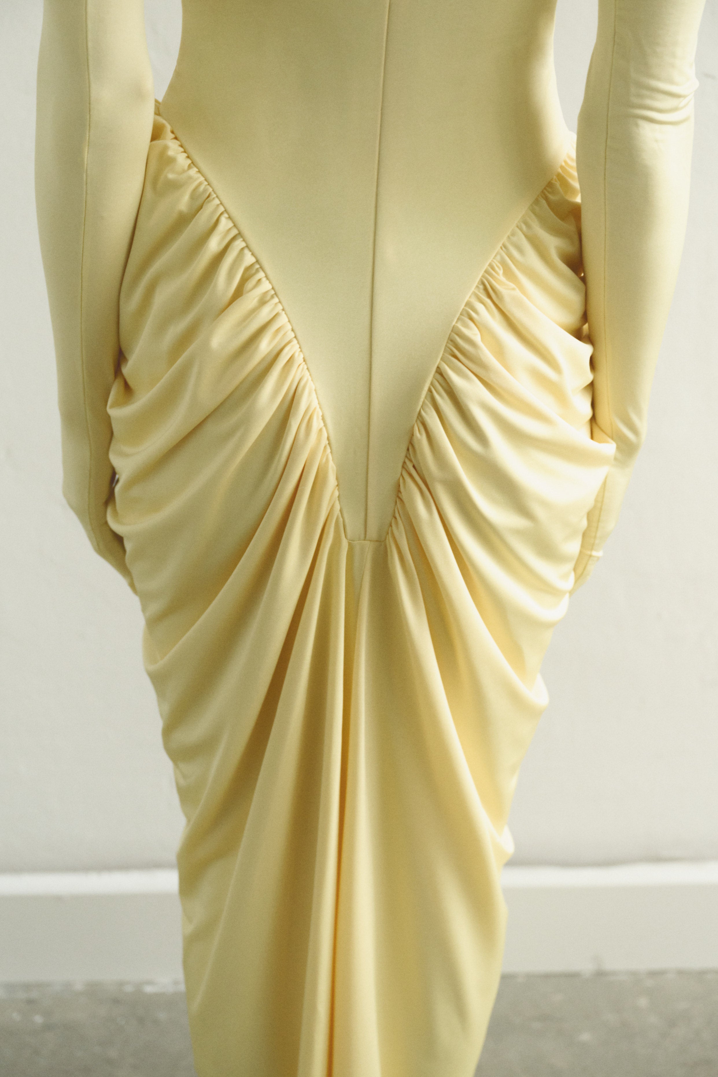 Butter Yellow Halter Neck Draped Dress With Gloves