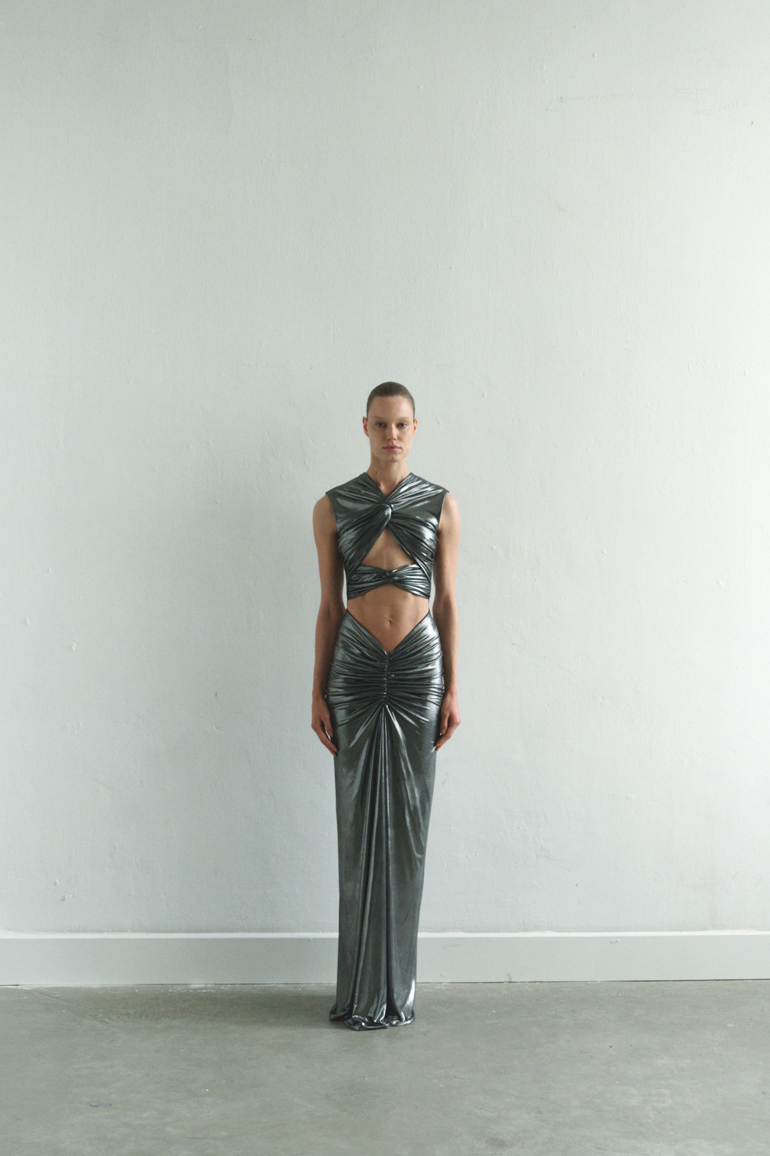 Silver Maxi Dress with Front Knot and Cut-Out Details