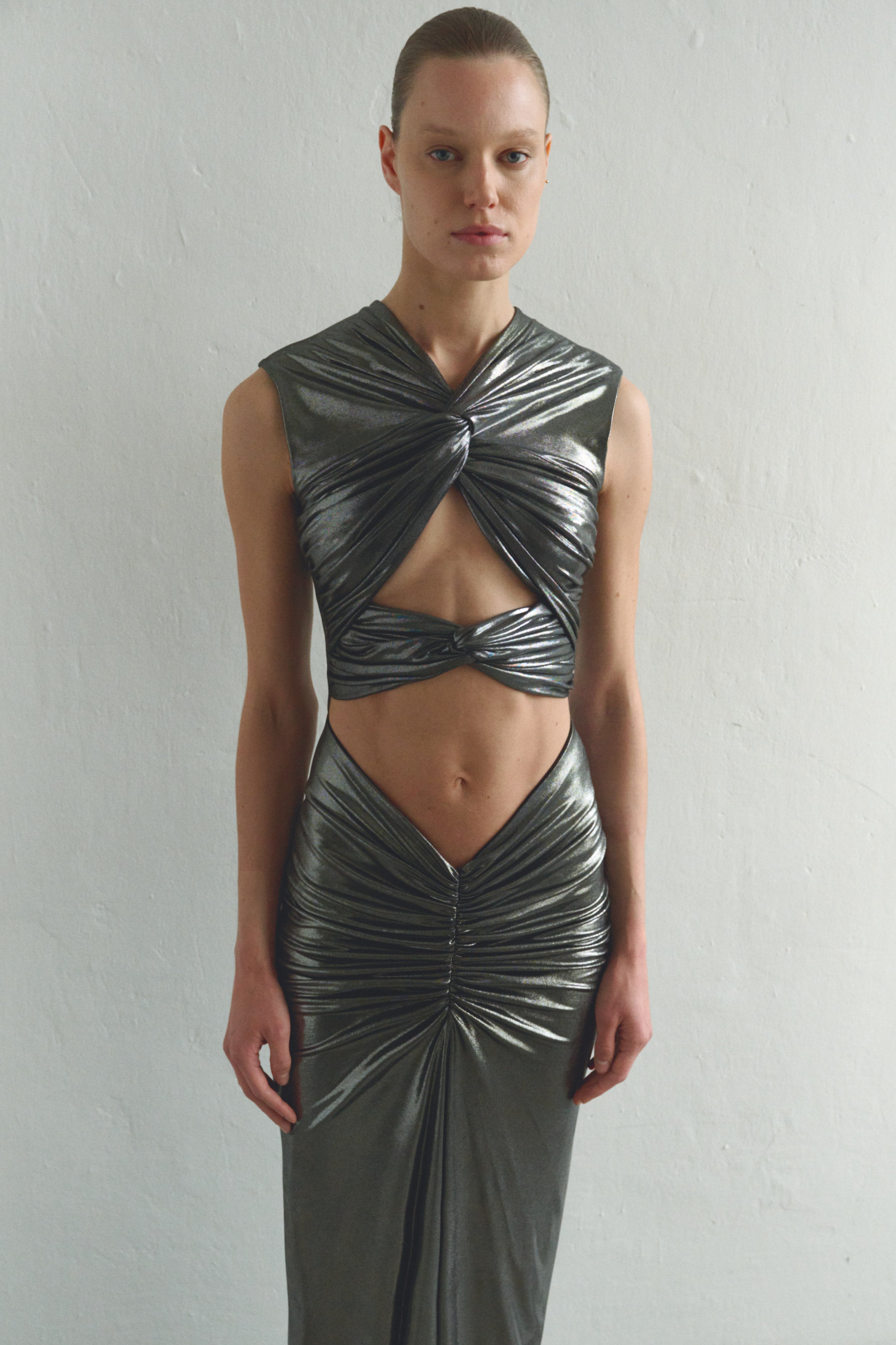 Silver Maxi Dress with Front Knot and Cut-Out Details