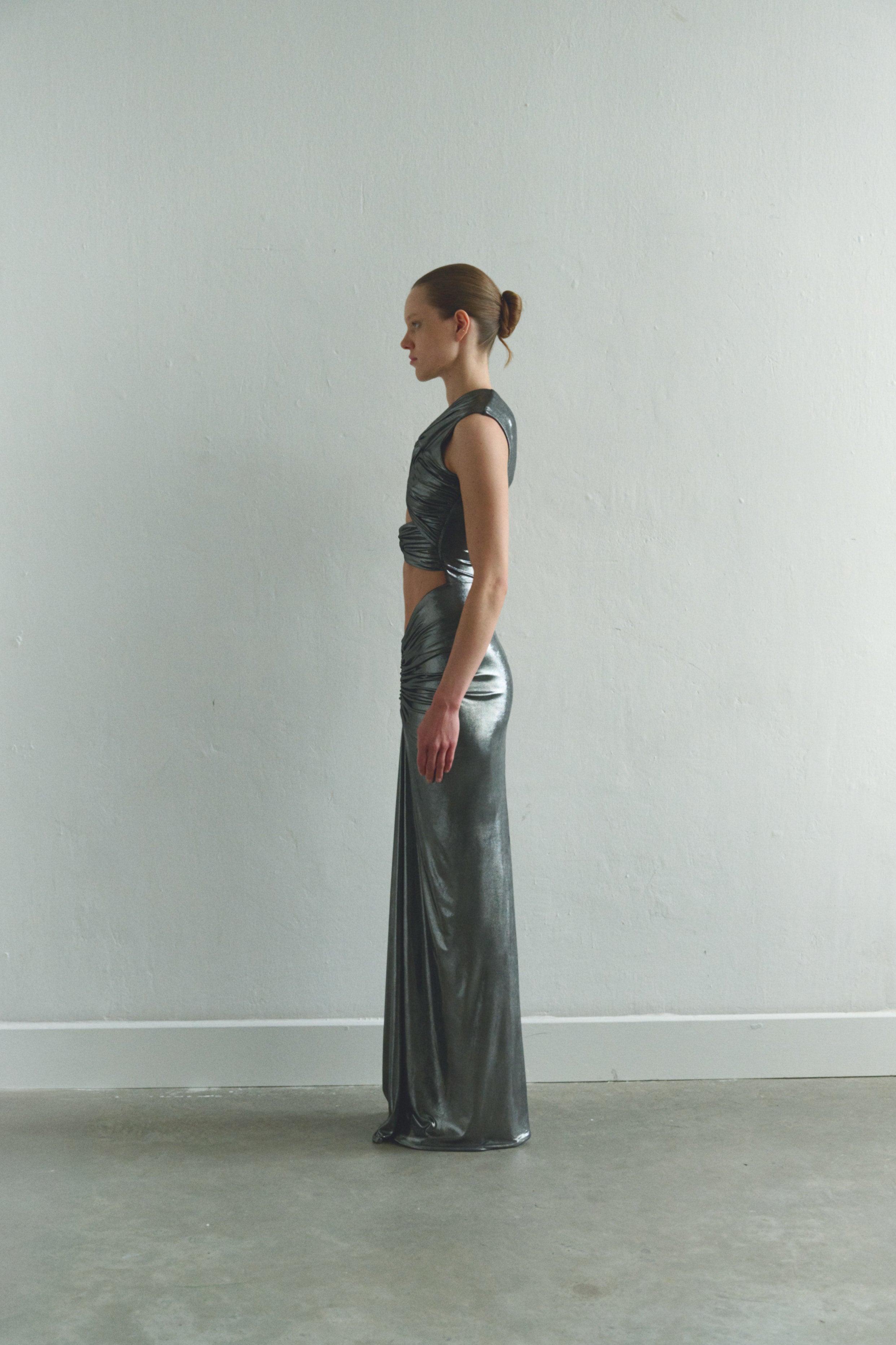 Silver Maxi Dress with Front Knot and Cut-Out Details