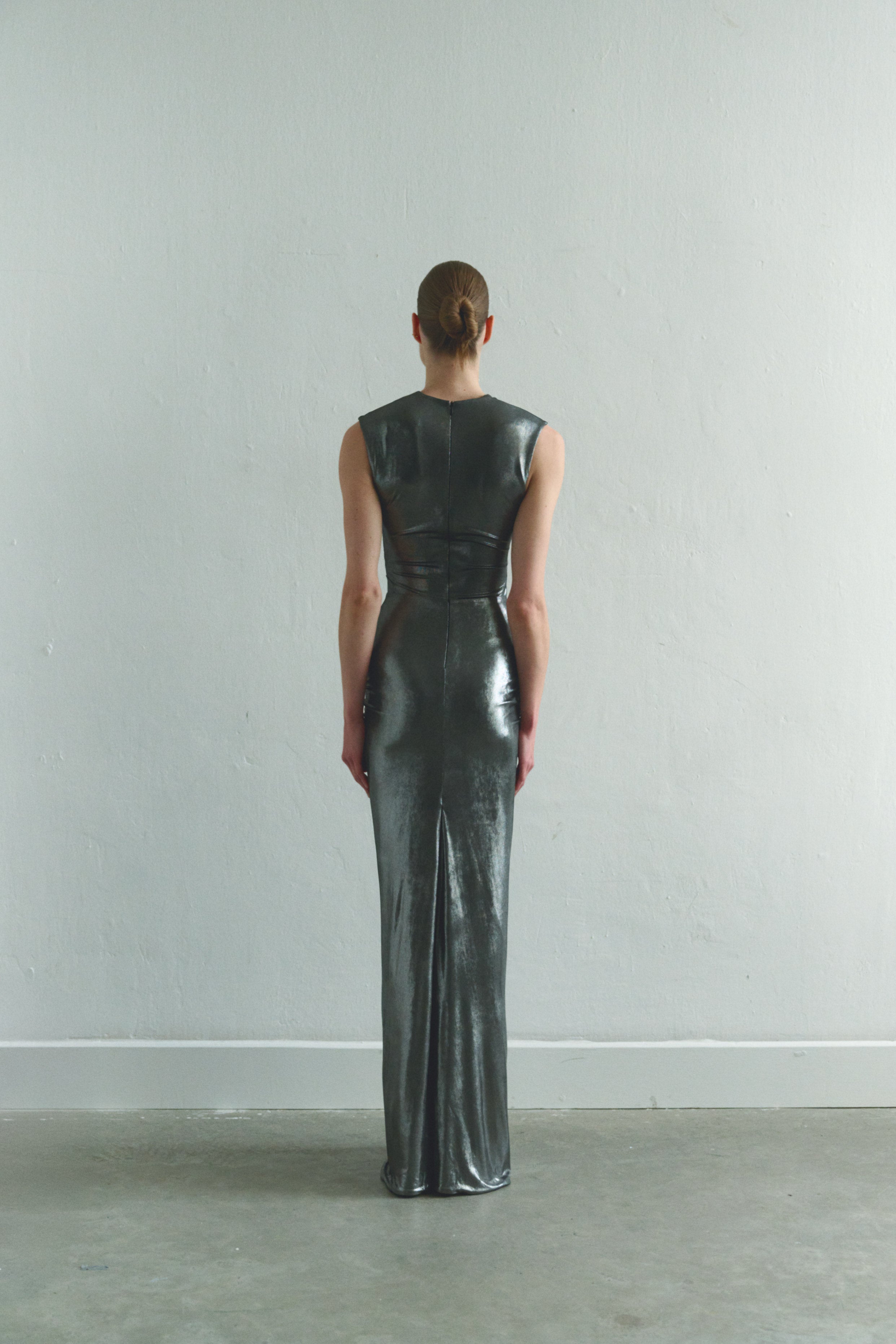 Silver Maxi Dress with Front Knot and Cut-Out Details
