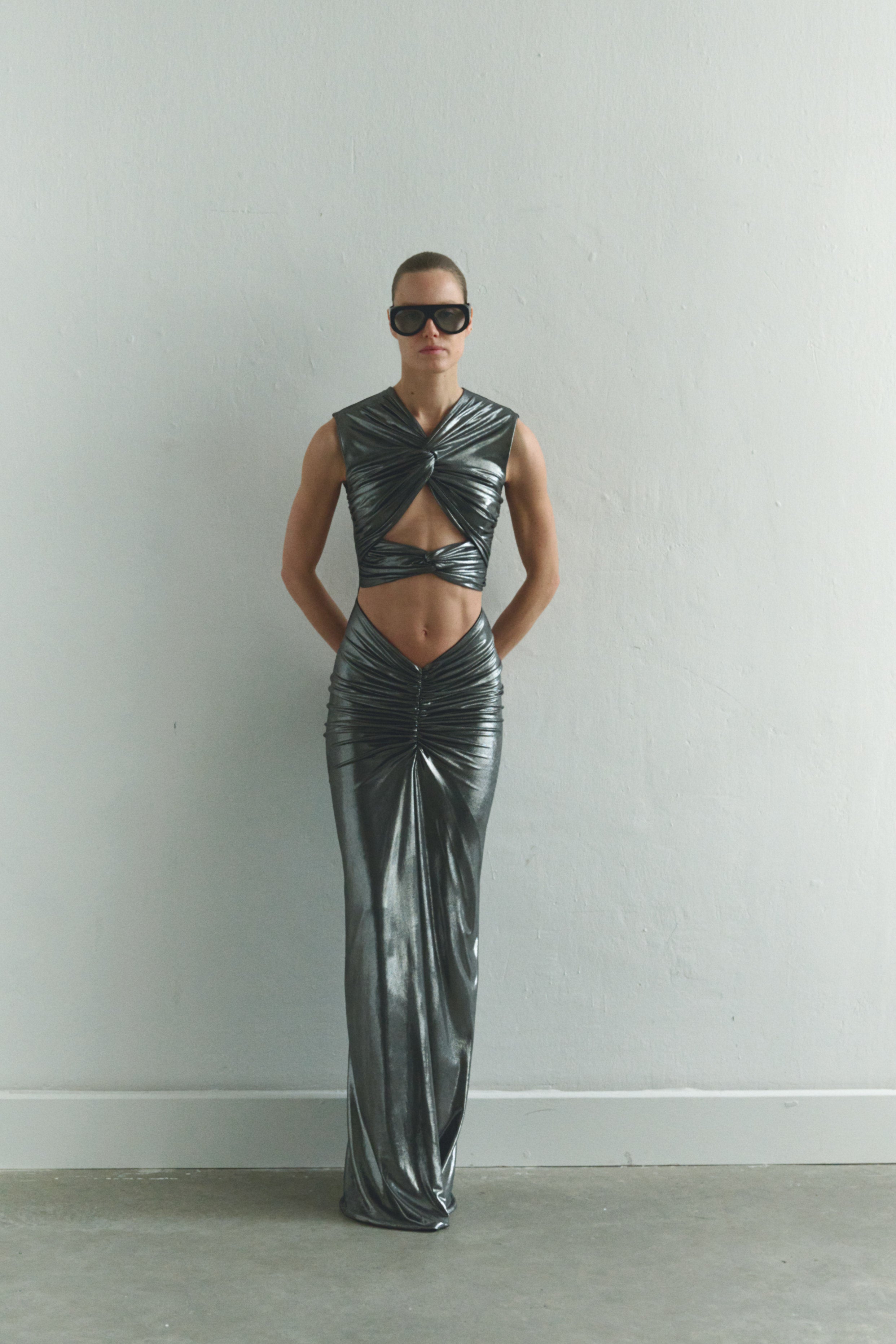 Silver Maxi Dress with Front Knot and Cut-Out Details