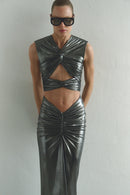 Silver Maxi Dress with Front Knot and Cut-Out Details