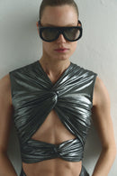 Silver Maxi Dress with Front Knot and Cut-Out Details