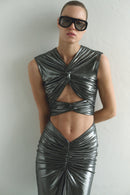 Silver Maxi Dress with Front Knot and Cut-Out Details