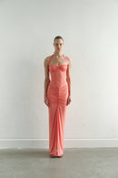 Coral Tie Neck Draped Dress with Front Slit
