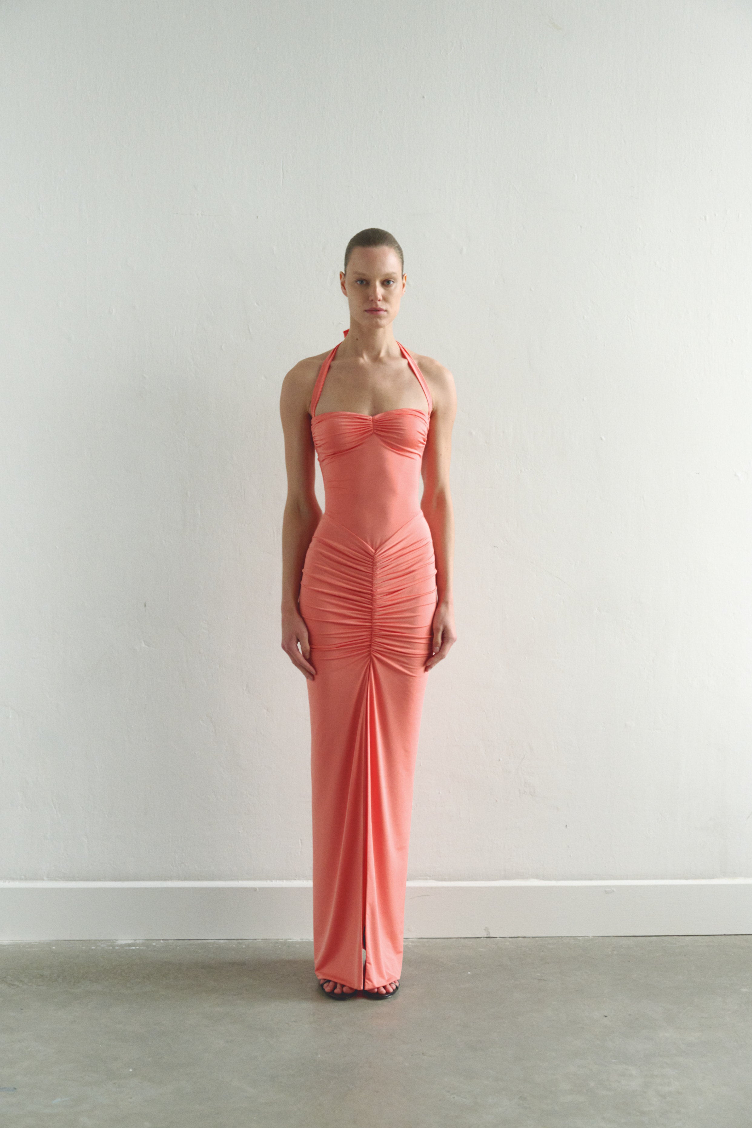 Coral Tie Neck Draped Dress with Front Slit